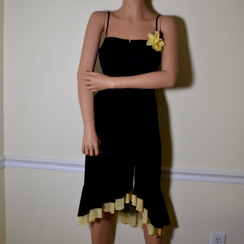 Jodi Kristopher Black w/ Yellow Flower and Hemline Ruffles Party Dress Size M